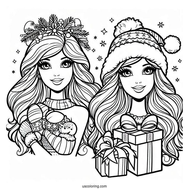 Christmas Themed Barbie Coloring Page