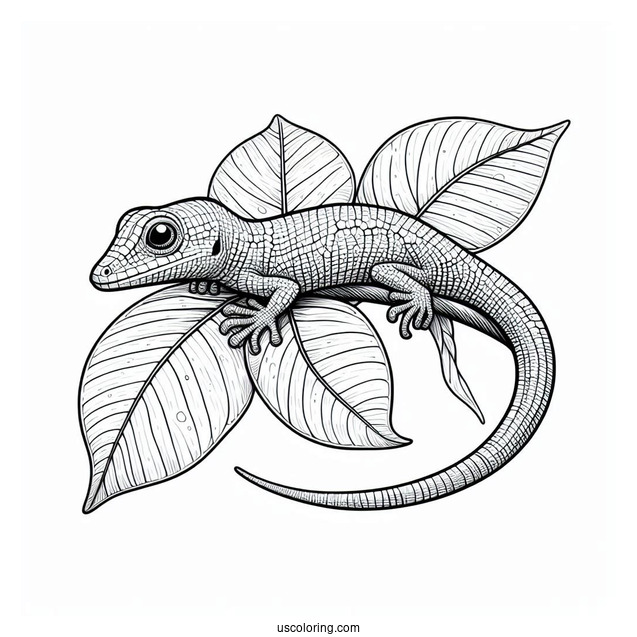 Lizard Coloring Page of Green Anole Lizard Camouflaging With Leaf