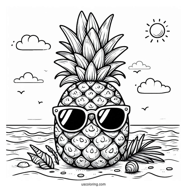 Pineapple Wearing Sunglasses On Beach Coloring Page