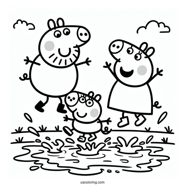 Peppa Pig Family Jumping In Mud Coloring Page