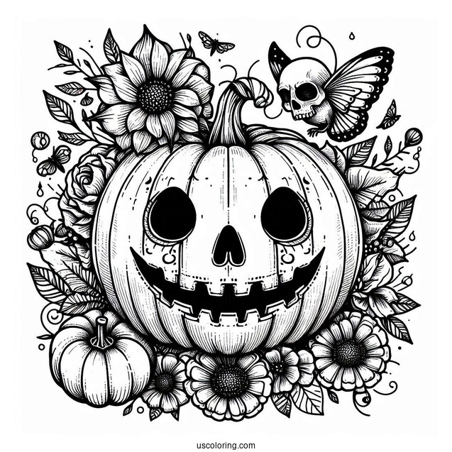 Jack O Lantern Pumpkin Coloring Page With A Skull And Flowers