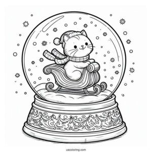 Santa Cat On A Sleigh Snow Globe Coloring Page