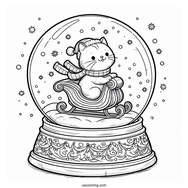 Santa Cat On A Sleigh Snow Globe Coloring Page