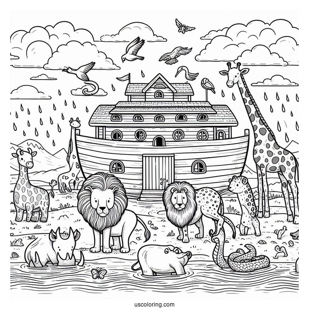 Noah's Ark Coloring Page Of Detailed Giraffe, Hippo, Snake, Lion, And Other Animals At Sea