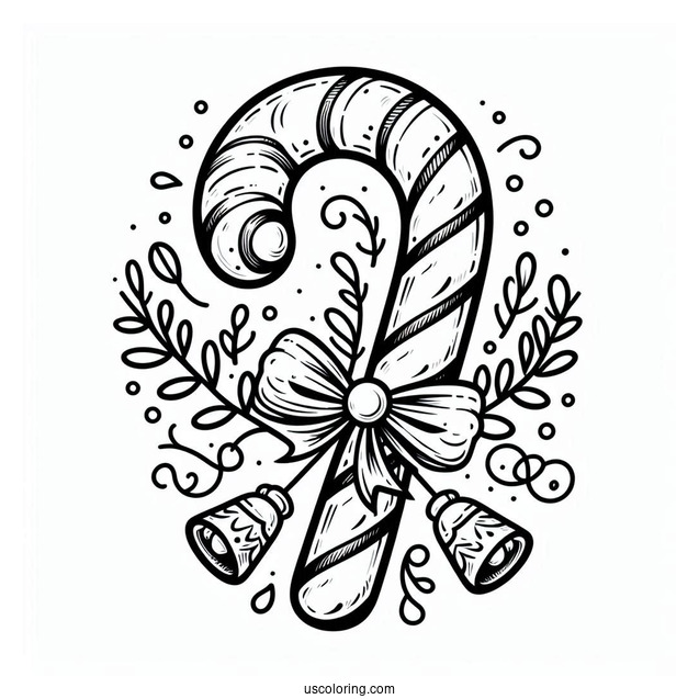 Christmas Candy Cane With Bells To Color