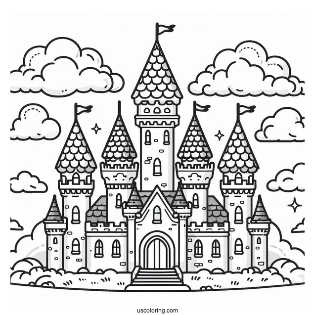 Cute Castle Coloring Page In The Clouds For Kids