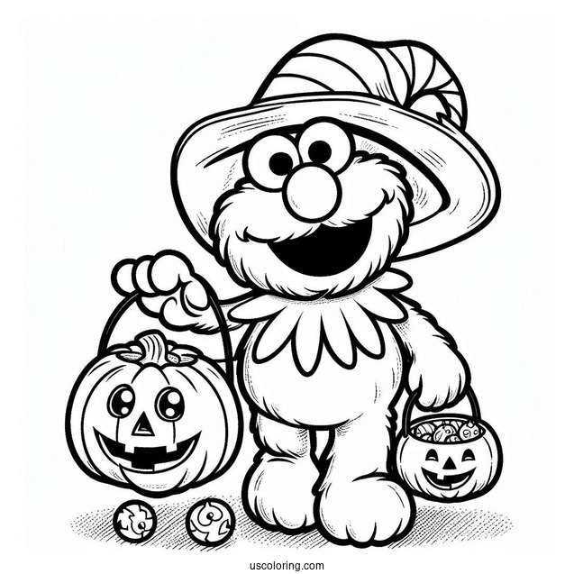Elmo Trick-Or-Treating With Pumpkin To Color