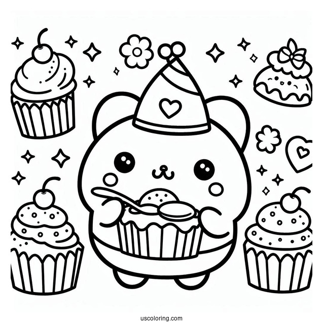 Kawaii Pompompurin Serving Cupcakes Coloring Page