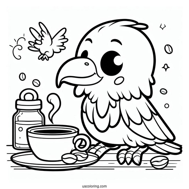 Happy Raven Coloring Page Drinking Coffee For Kids