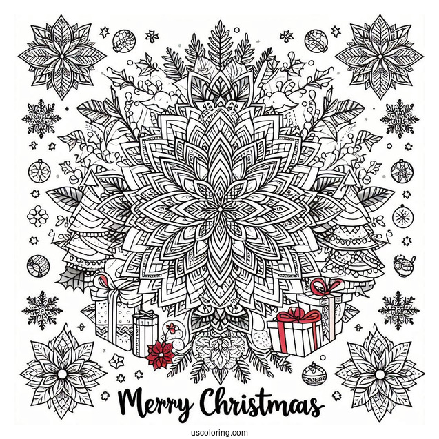 Christmas Mandala Coloring Page Of Have A Merry Little Christmas Mandala With Trees, Presents, And Poinsettias