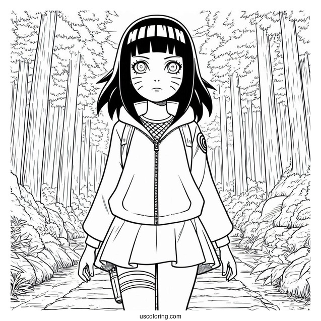 Naruto Coloring Page Of Hinata Hyuga Standing in Forest Path For Kids