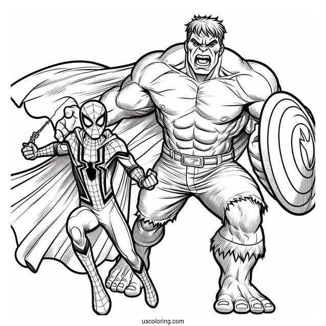 Spider Man Fighting Alongside Hulk Coloring Page For Kids