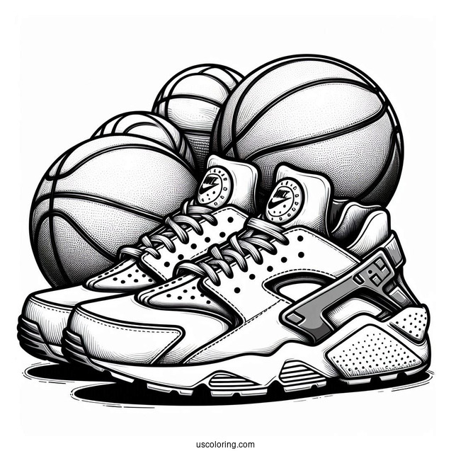 Pair Of Nike Coloring Page Of Air Huarache With Basketballs