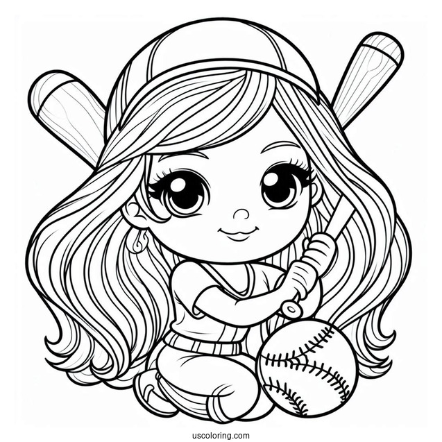 Girl With Long Hair Swinging Baseball Coloring Page Bat For Preschoolers