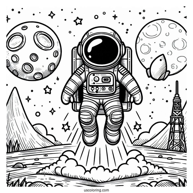 Rocket On The Moon With Astronaut Coloring Page For Kids