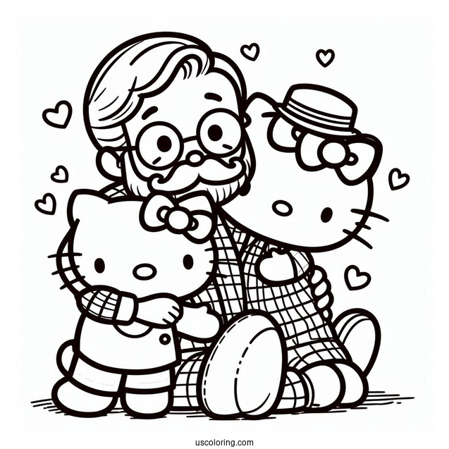 Hello Kitty And Mimmy Hugging George Papa White On Father's Day Coloring Page