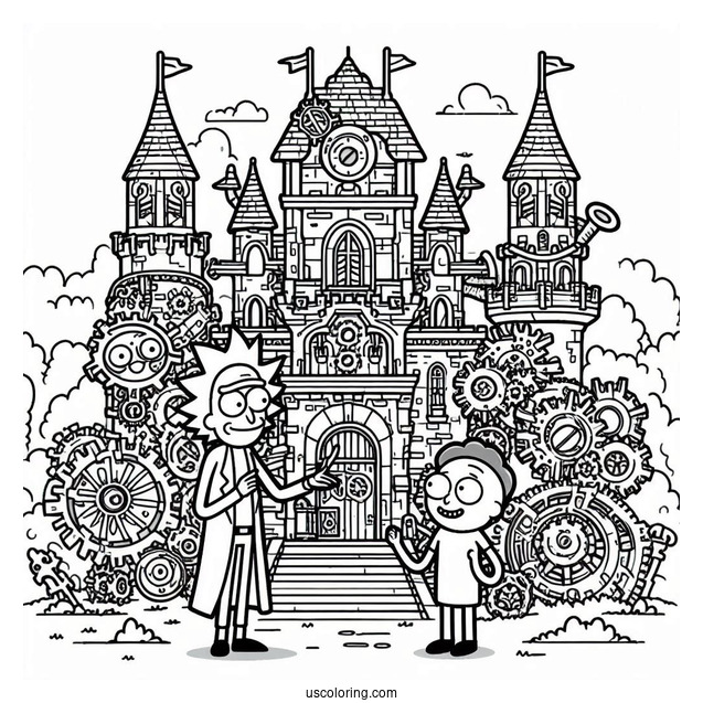 Jerry and Gearhead Building a Castle Rick and Morty Coloring Page