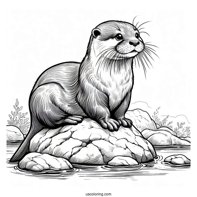 Realistic Otter Coloring Page Sitting On Rock