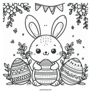 Happy Easter Coloring Page With Bunny Ears And Feet