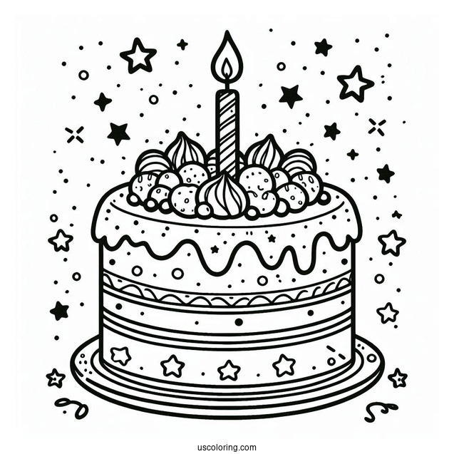 Simple Cake With Star Toppers And Candle Coloring Page