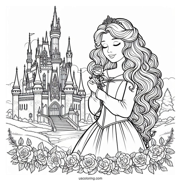 Princess Coloring Page Of Aurora Holding Rose Outside Castle