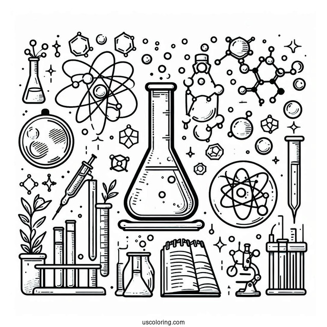 Science Coloring Page Of Laboratory Tools And Molecules For Kids