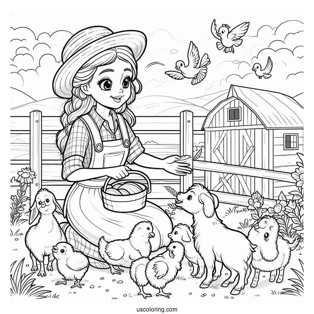 Farmer Wife Feeding Animals To Color