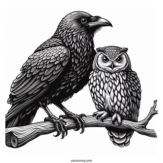 Realistic Raven Coloring Page Perched On A Branch With An Owl