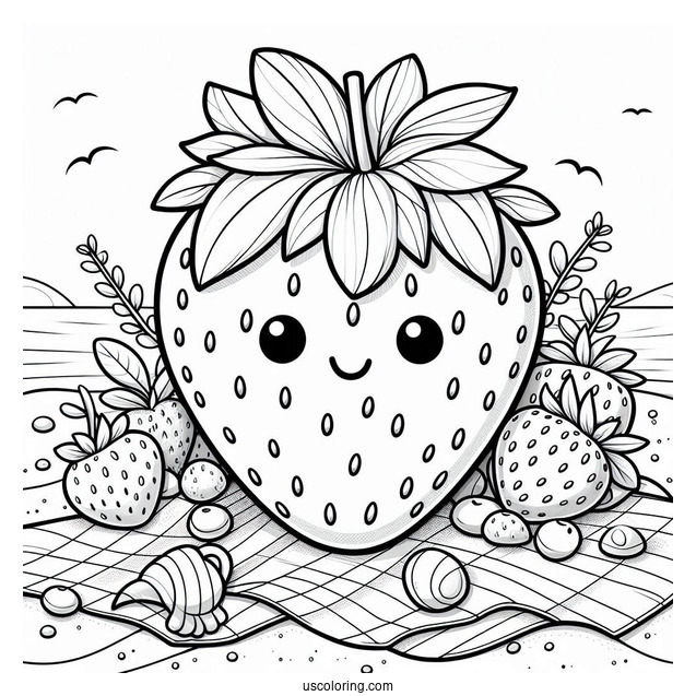 Juicy Strawberry On Beach Coloring Page