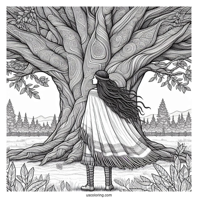 Realistic Native American Coloring Page Girl Standing Under Huge Tree