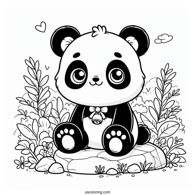 Adorable Panda Coloring Page With Bell Collar Sitting on a Rock For Kids