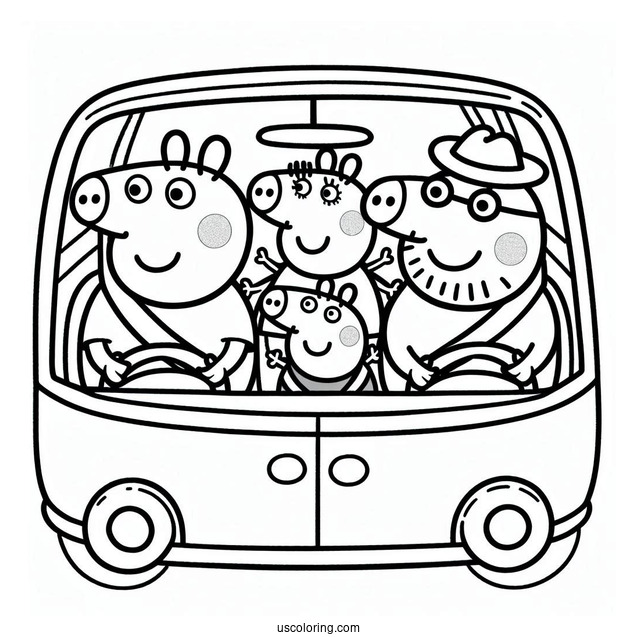 Peppa Pig Family Driving In Car Coloring Page
