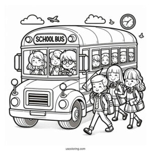 Cartoon School Bus With Students And Driver