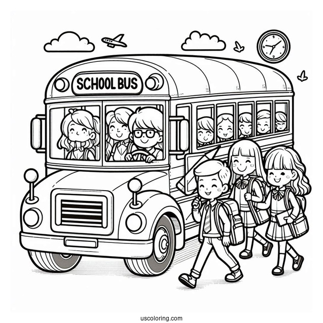 Cartoon School Bus With Students And Driver