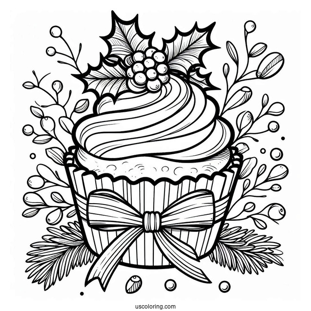 Christmas Cupcake With Ribbon And Mistletoe
