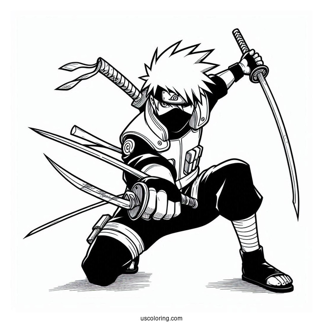 Kakashi Coloring Page Using Kunai And Chidori In Battle