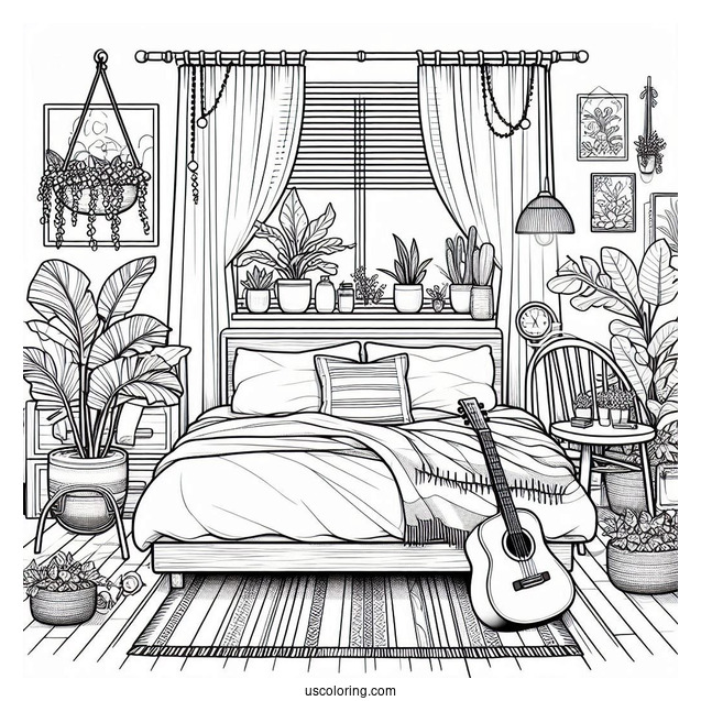 Bedroom Coloring Page Japanese Theme Bedroom With Plants And Guitar