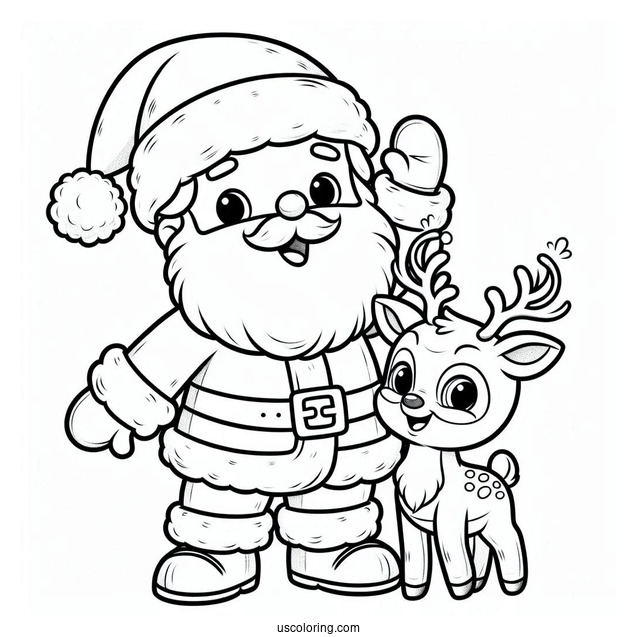 Cute Santa Waving With Rudolph Coloring Page Beside Him For Kids