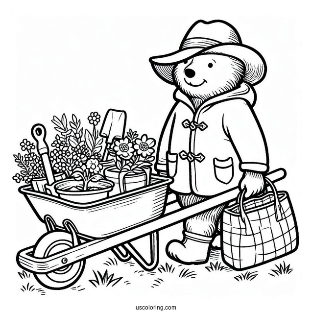 Paddington Coloring Page Pushing A Wheelbarrow Full Of Gardening Tools