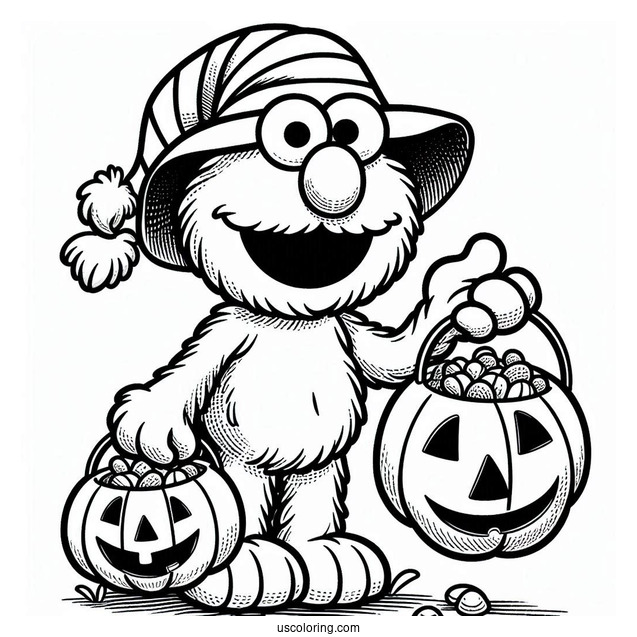 Elmo Trick-Or-Treating With Pumpkin To Color