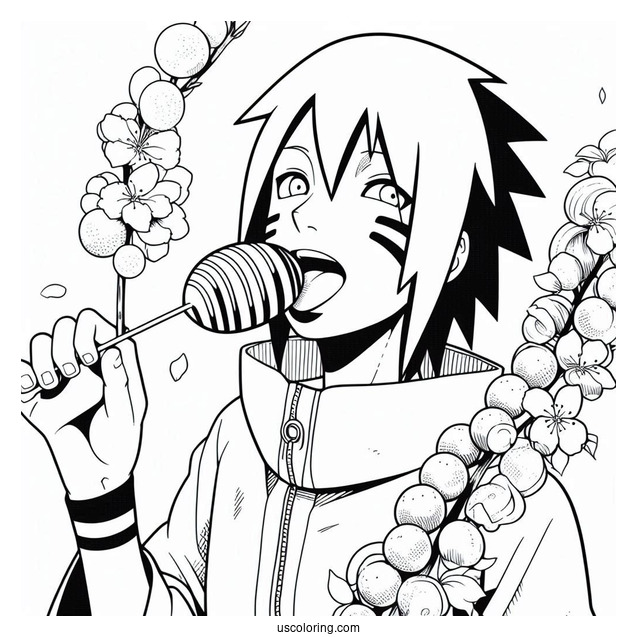 Uchiha Sasuke Coloring Page With Sakura Eating Tricolor Dango
