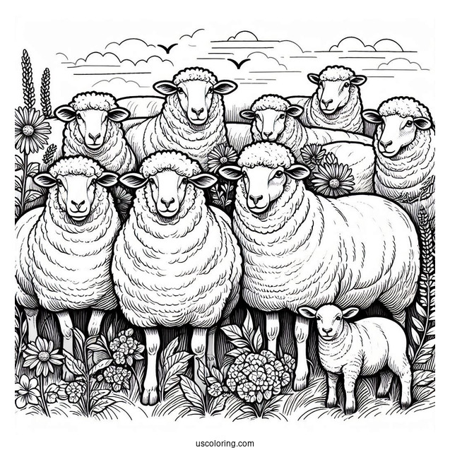 Flock Of Sheep Standing In Paddock Coloring