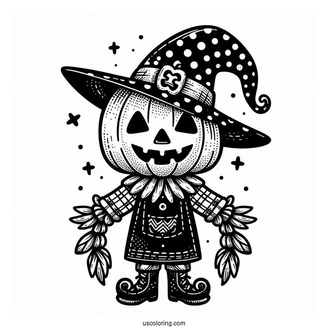 Jack O Lantern Scarecrow Coloring Page Wearing A Polka Dot Witch Hat