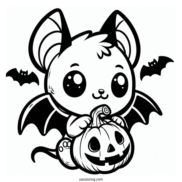 Cartoon Bat Coloring Page Holding Jack O Lantern