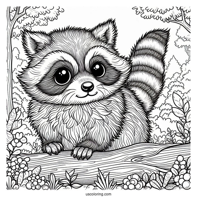 Detailed Furry Raccoon Coloring Page In A Forest