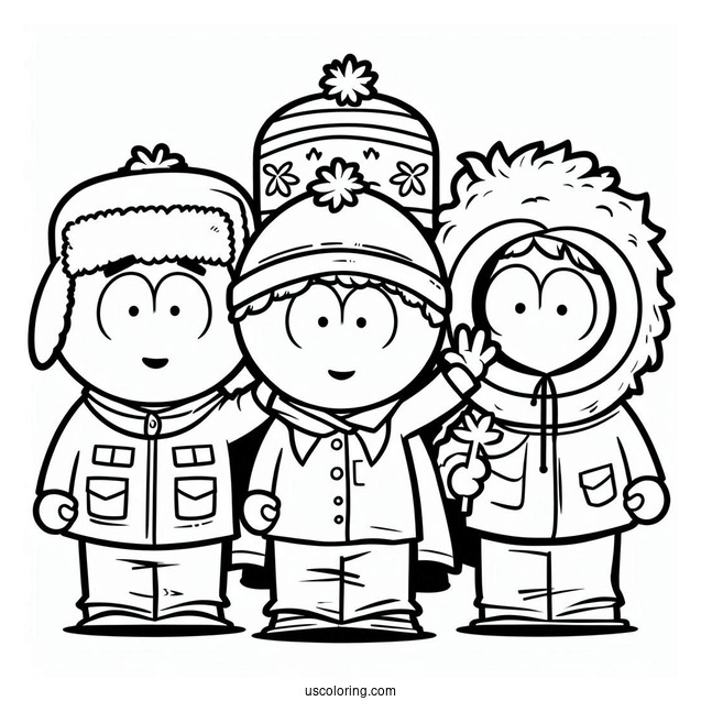 Eric, Kyle, Stan, And Kenny Waving South Park Coloring Page