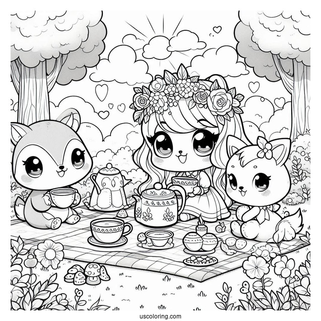 Chibi Coloring Page Tea Party in a Sunny Forest Meadow with Animal Friends