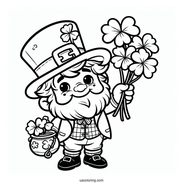 St. Patrick's Day Coloring Page Of Leprechaun Holding Up A Bunch Of Clovers