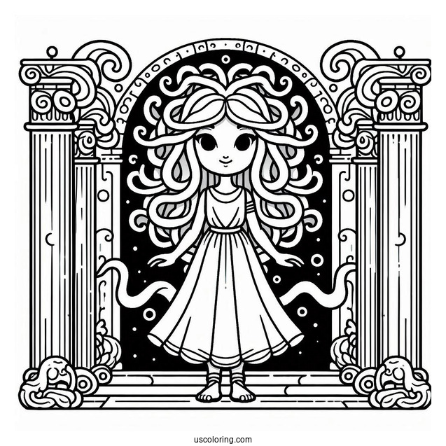 Cute Cartoon Medusa Coloring Page Standing Inside Temple