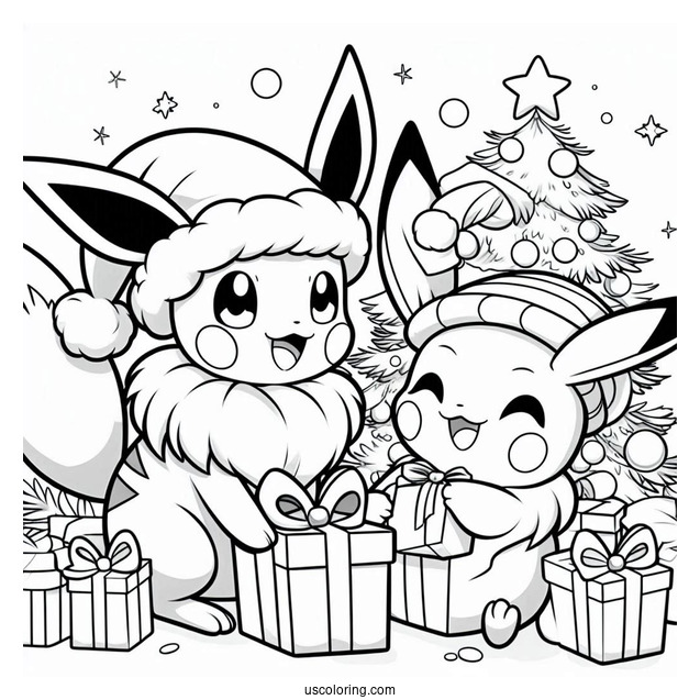 Pokemon Christmas Coloring Page Christmas Eevee And Pikachu Opening Presents